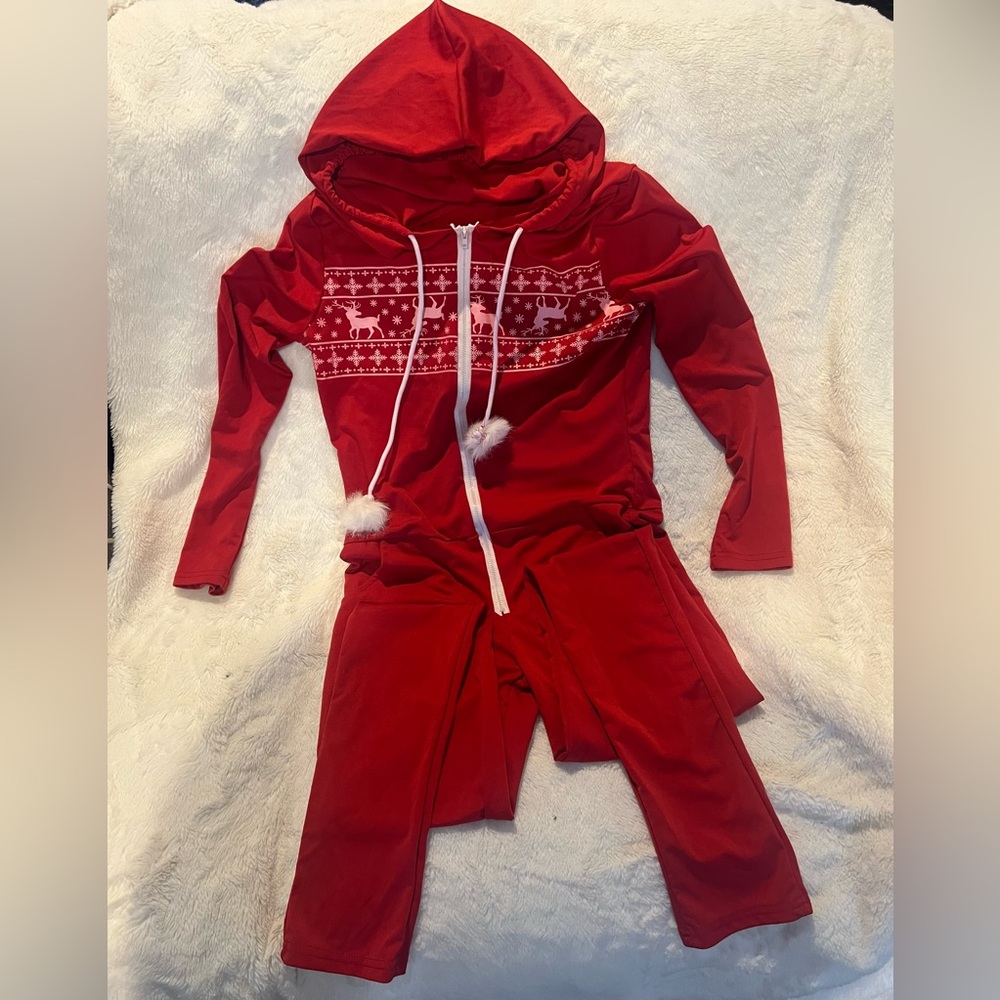 Red Christmas Hooded Onesie with White Drawstrings- medium